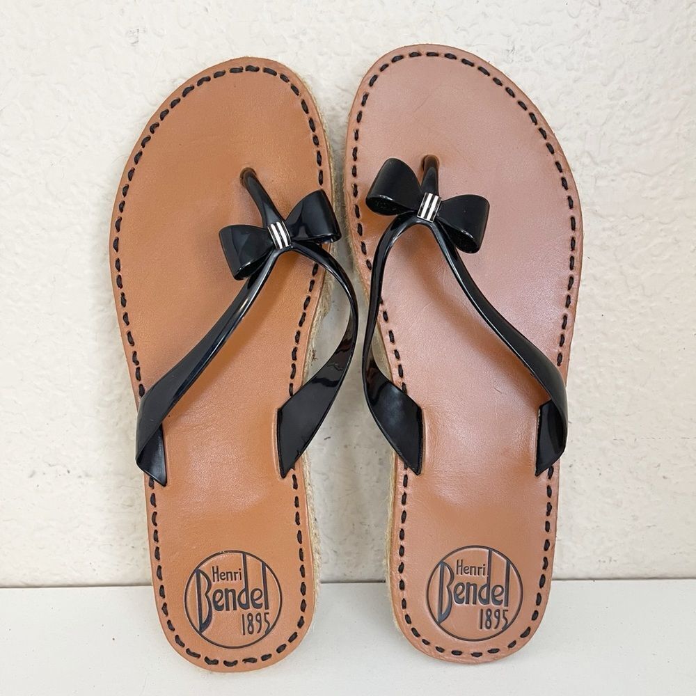 Henri Bendel La Playa Black and Brown flip flop jelly Sandals with Bow Detail 10